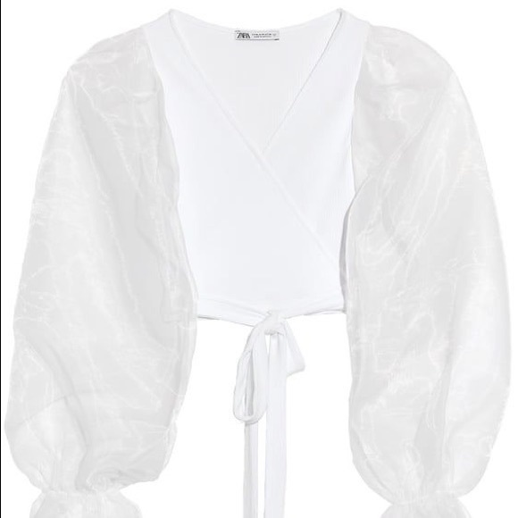 NWT Zara white wrap top with sheer organza puff sleeve - Picture 1 of 10